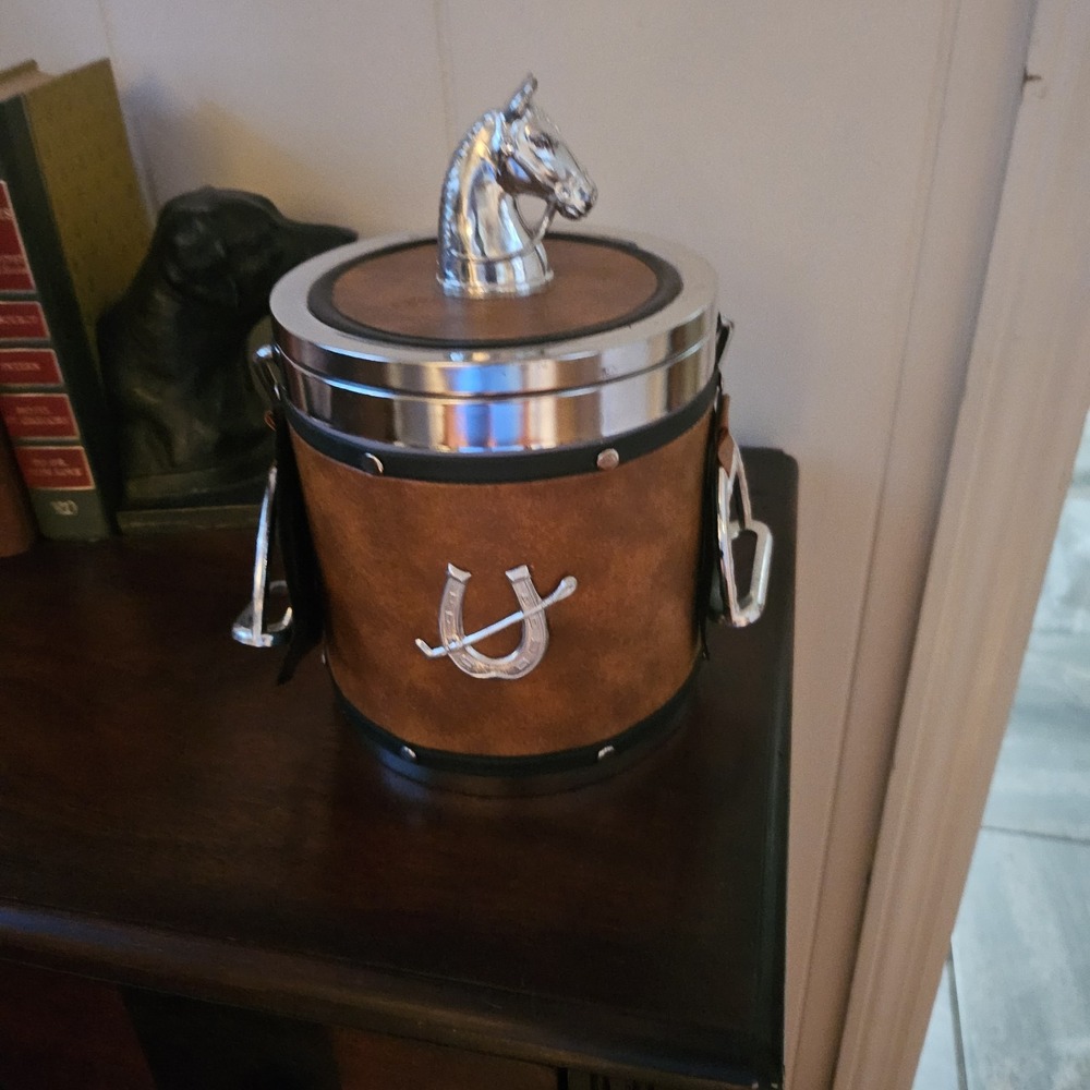 Equestrian 1970s  Themed Leather Ice Bucket W Stirrup Handles. Foxhunt Old Money